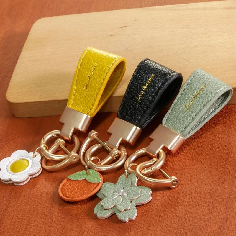 Flower Keychain Leather and Gold