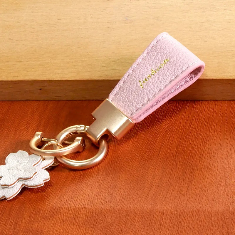 Flower Keychain Leather and Gold