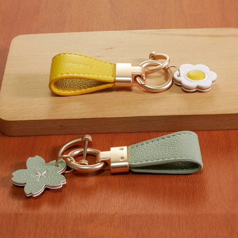 Flower Keychain Leather and Gold